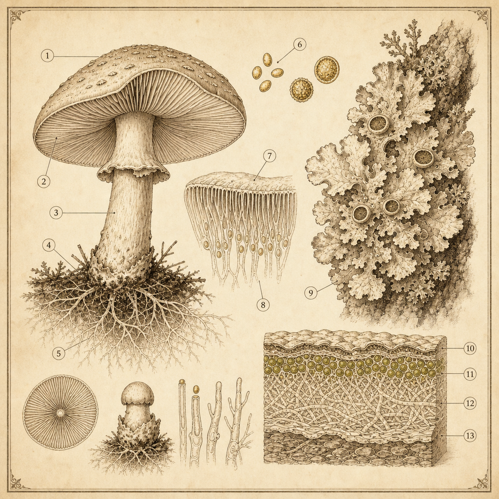 Botanical scientific plate — mushroom and seaweed specimens