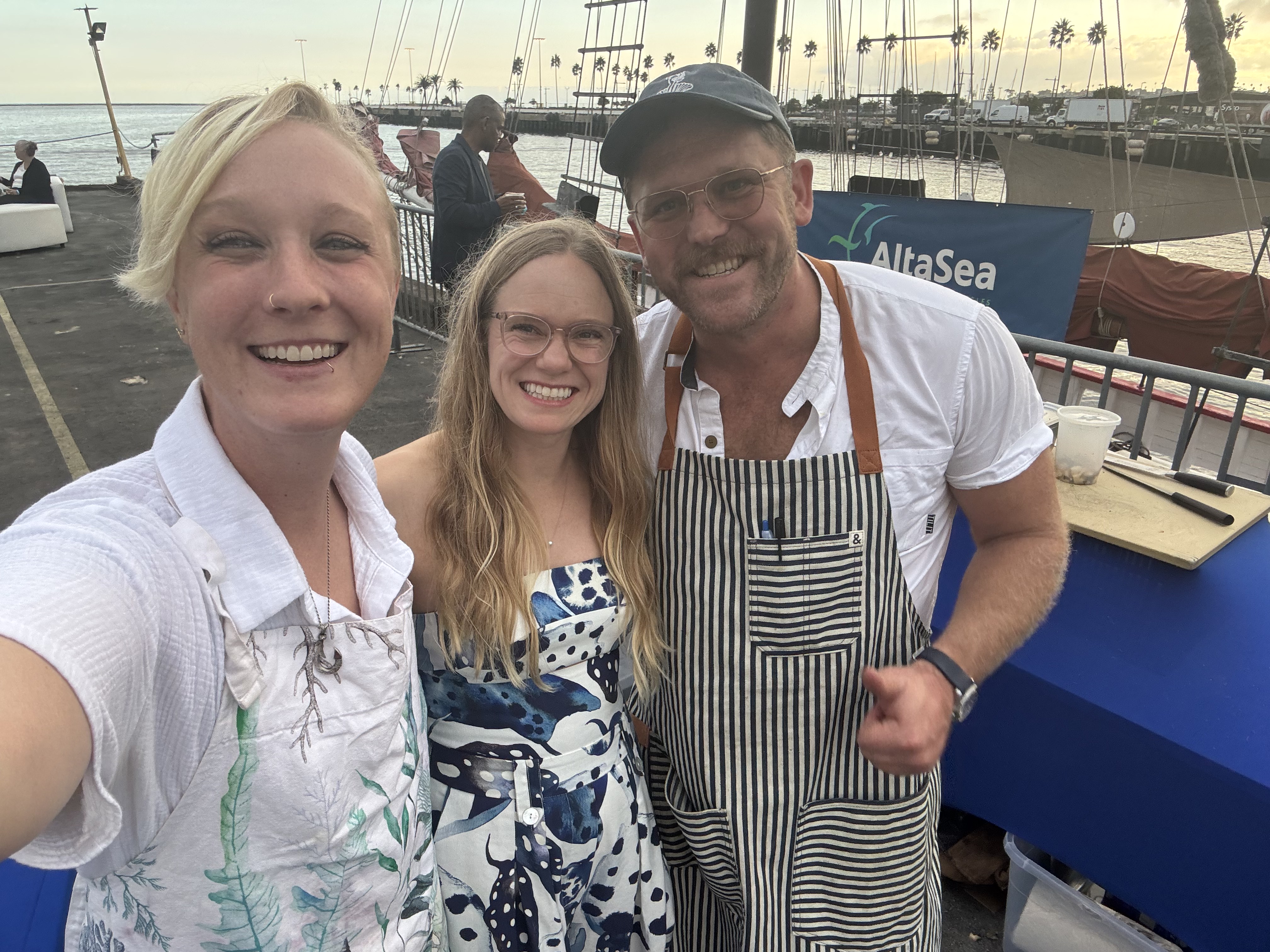 Jules with chef collaborators at an AltaSea seaweed event at sunset