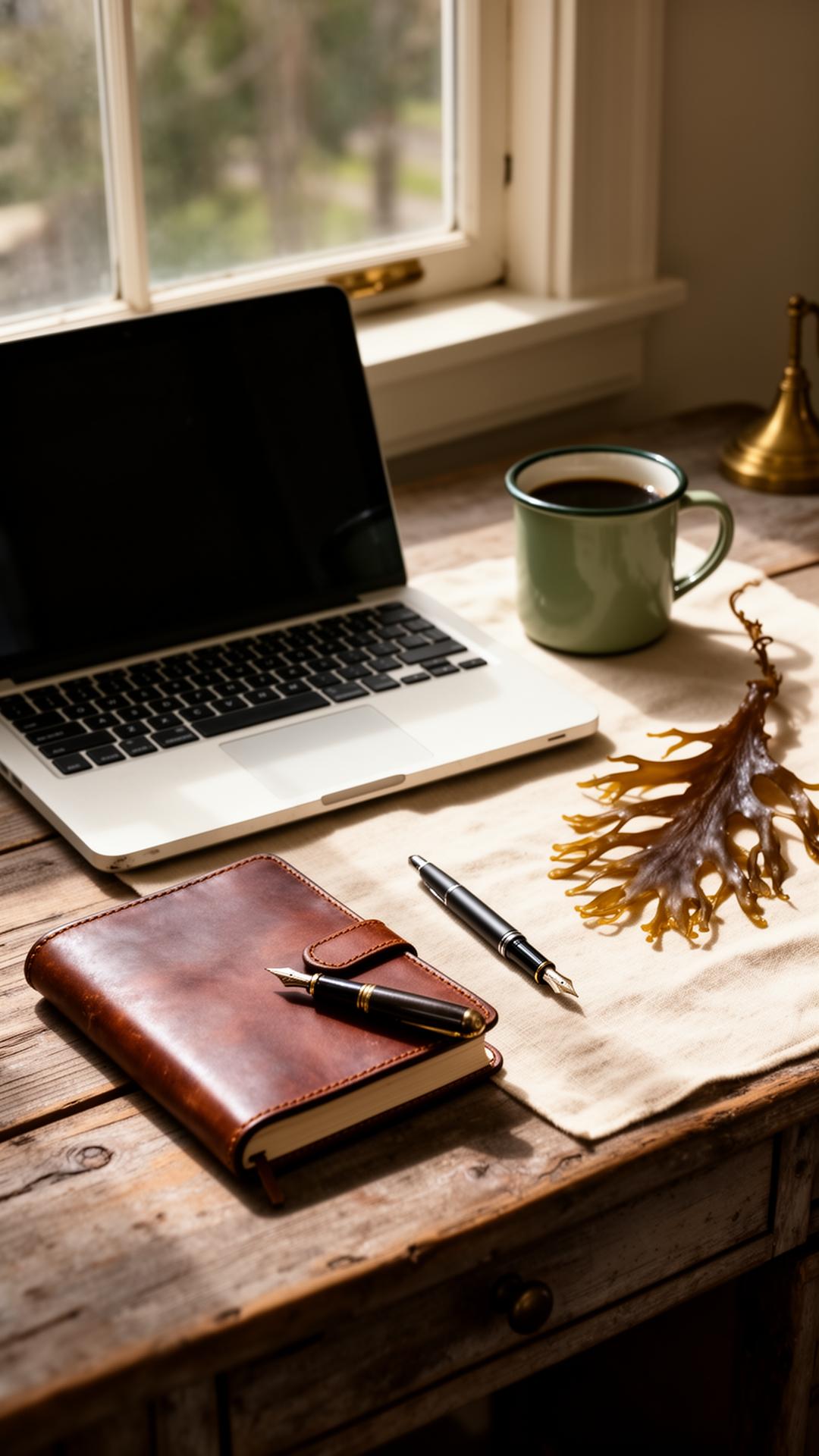 A laptop, leather notebook, fountain pen, enamel mug, and a frond of kelp on a weathered wood desk in morning light