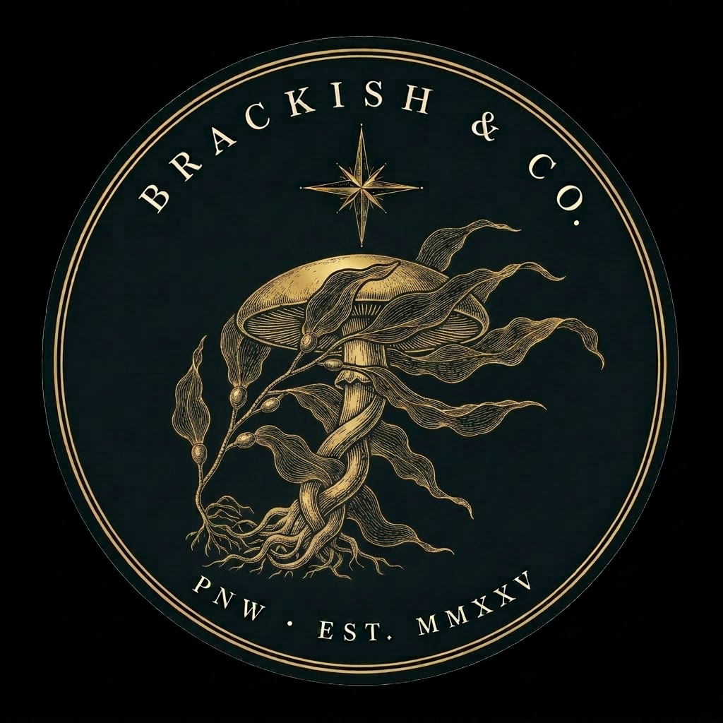 Brackish & Co. mark — kelp, mushroom, and star in a circle