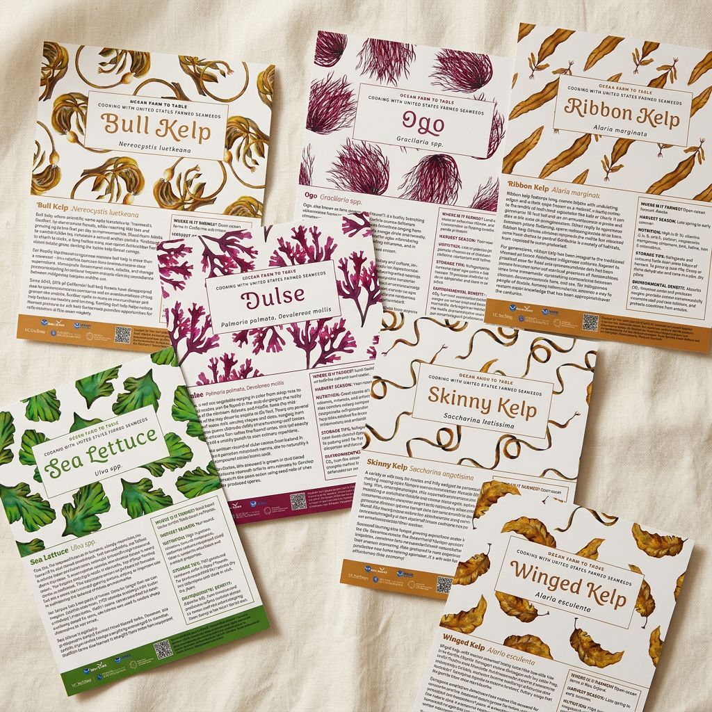 All eight UConn Ocean Farm-to-Table recipe cards laid out together